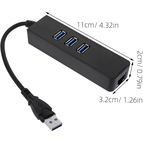 C Ethernet -sovitin Hubi 3-porttinen 3.0 Hubi 1000mbps Ethernetillä, helppokäyttöinen, musta