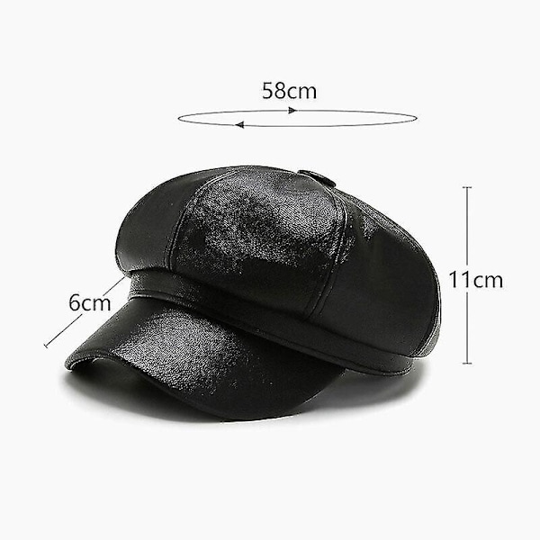 Dame Pige Pu Spids Beret Hat Solid Ottekantet Hat Pu Læder Hatte Mode. (sort)(1stk)