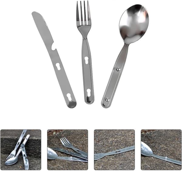 Bärbart campingbestickset i rostfritt stål med slitstark design