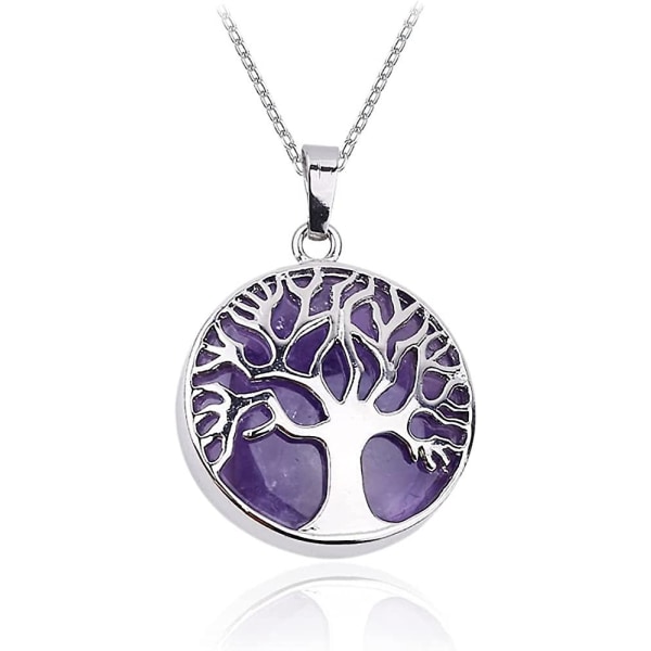 Amethyst Crystal Healing Gemstones Necklace, Lmell Silver Tree Of Life Clear Healing Gift