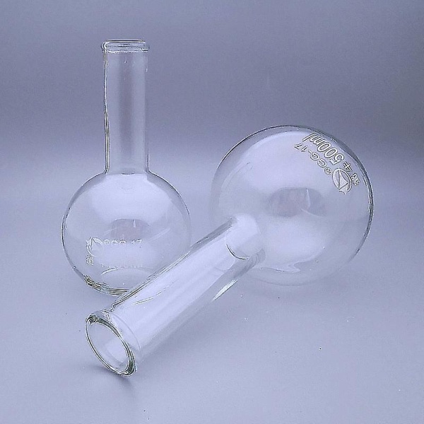 Lab glaskolv rund platt botten lång hals kemi