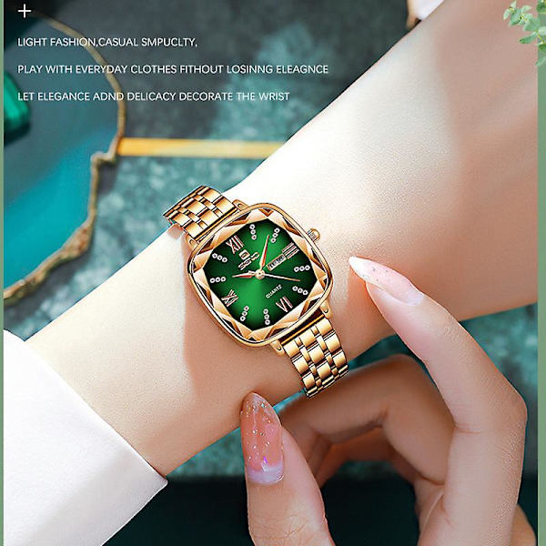 Retro Lille Kvadratisk Ur Kvadratisk Stålrem Dameur Mode Dobbelt Kalender Kvartsur Opal green