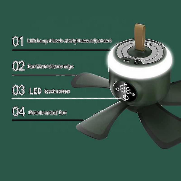 Bärbar Campingfläkt med Lykta - 8,3 tum i Diameter, USB Laddningsbar Batteridriven Tältfläkt, Liten Bärbar Takfläkt, Hängande Fläktkrok