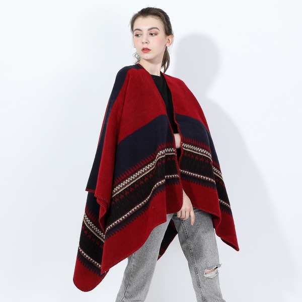 Kvinner Poncho Cape Åpen Front Spring Cardigan Lady Reversible Free Size Cape Printed Oversized Warm red