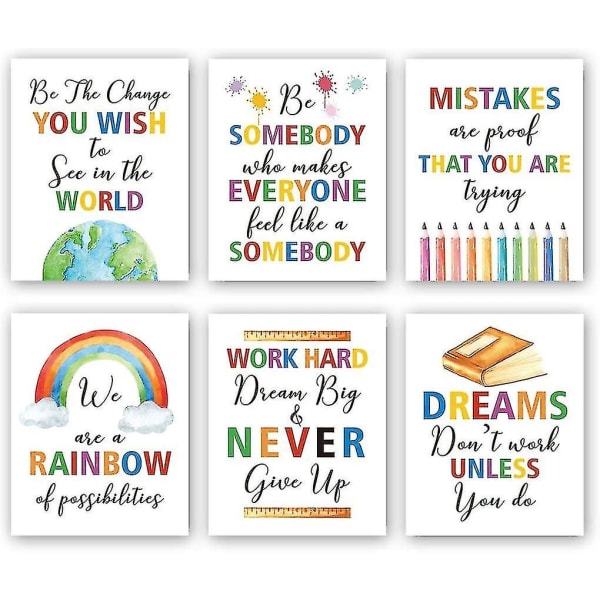 Färgglada ordkonsttryck, set om 6 (8x10), inspirerande citat Motiverande ordstäv Canvasaffisch, Rainbow World Crayon Ink Splatters Wal (shikai)-yu