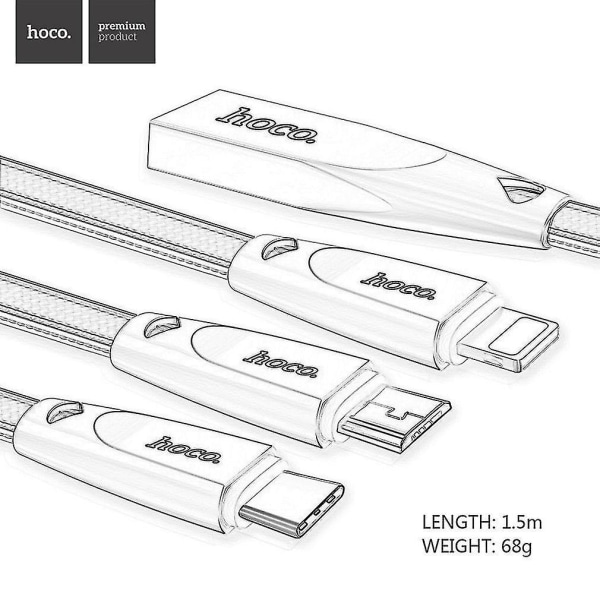 Hoco U9 3-in-1 Jelly-neulottu latauskaapeli USB 3.0 TypeC MicroUSB