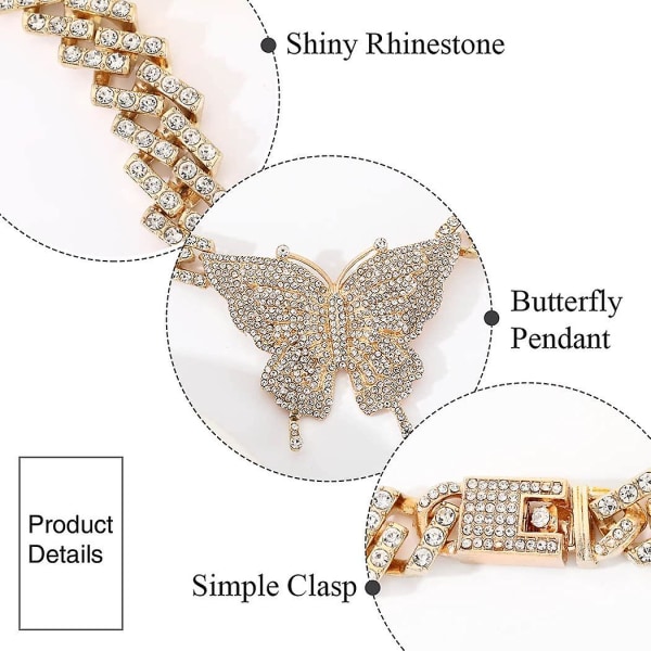 Tyk Krystal Choker Halskæde Butterfly Vedhæng Halskæder Cuban Link Kæde Glitrende Rhinesten Smykke