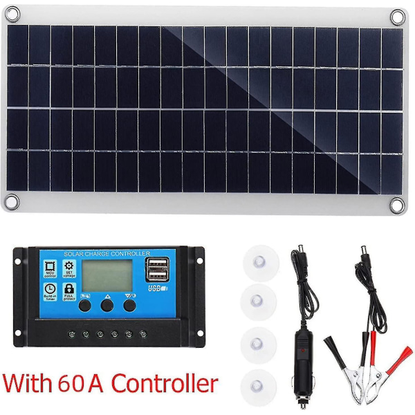 300w 12v solcellepanel, solcellepanelsett, batteriladersett med 60a solcelleladekontroller for Rv, Yacht, Utendørs, Hage, Ing