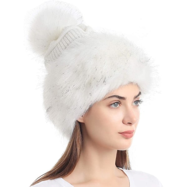 Soul Young Women's Faux Fur Hat Black Russian Cossack Knit Pompom Ski Snow Cap For Winter White