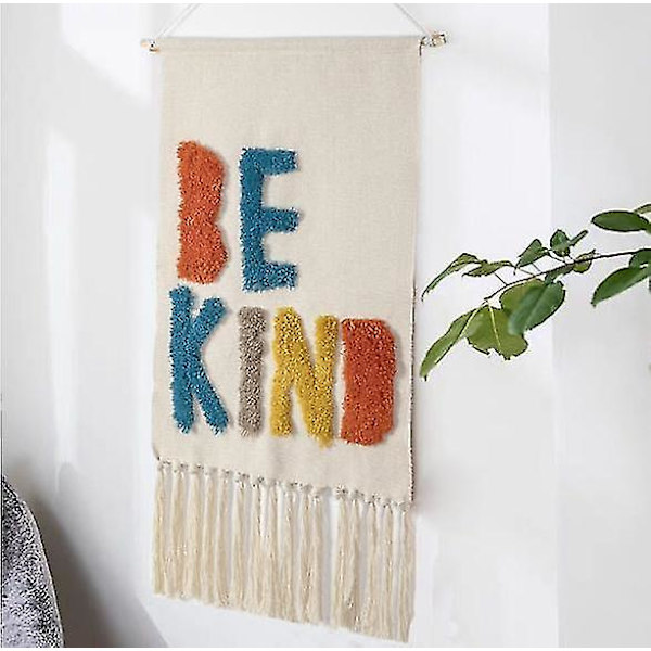 Brodert veggteppe med frynser, geometrisk regnbue, boho-stil