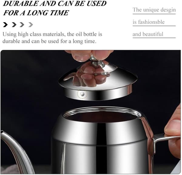 Oliedispenser til husholdningsbrug i rustfrit stål med lågdesign, sølvfarvet metaloliebeholder, velegnet