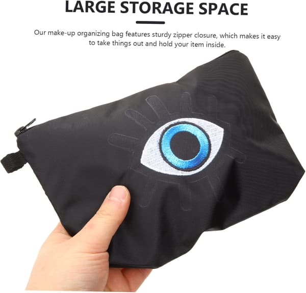 Bærbar Makeup Organizer Taske Evil Eye Print Kosmetiktaske Sort Polyester til Kvinder og Camping Opbevaring