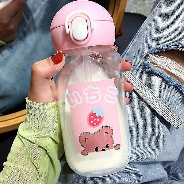 Kawaii Bjørn Glass Vannflasker Tegneseriekopp Straw Rosa