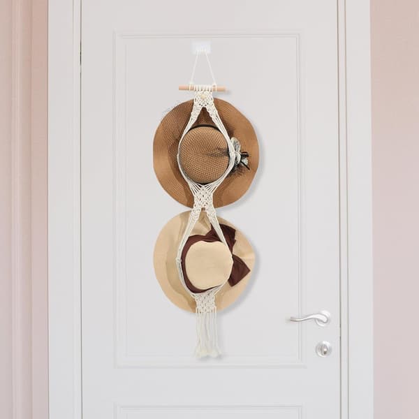 Boho Tofs Vävd Hattställning Bomullsrep och Trä Väggmonterad Hattdisplay Organizer