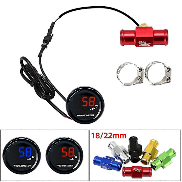 Universal Motorcykel LED Digital Termometer Vandtemperatur Måler Red 18mm connector