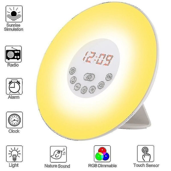 Solopgang Alarmur - Lysalarm Med Solopgang/Solnedgang Simulation Dobbelt Alarm Og Snooze Funktion, 7 Farve Atmosfærisk Lampe, Indbygget Ph