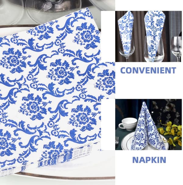 Servietter Dekorative Trykte Design Papirservietter Blå Blomster 100 Ark og Engangs