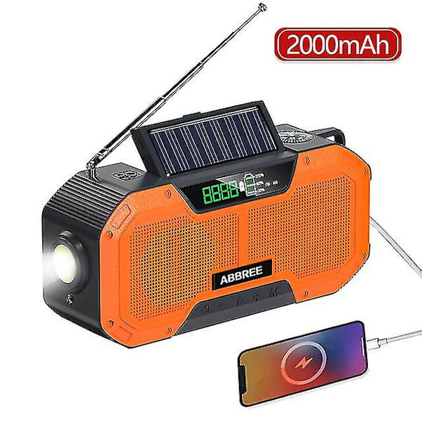 Ipx5 Vandtæt Autoscan Nødradio Solenergi Håndsvingbar Bærbar Am/fm Radio 2000/ Til Udendørs Med Lommelygte Orange(2000mAh)