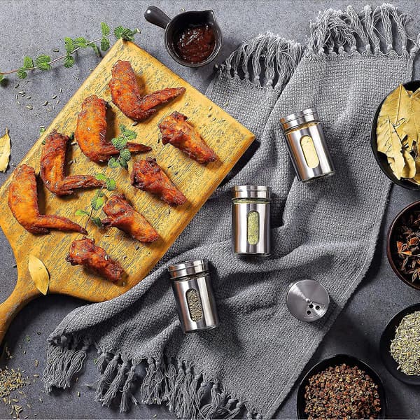 Krydderiboks - 12 Sølv Rustfrit Stål Krydderibokse Af 90ml - Med Glasvisning Og 3 Drysningstilstande