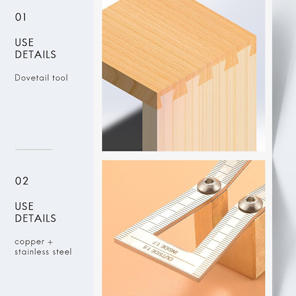 Dovetail-merkki, käsin leikattujen puuliitosten mittaus, Dovetail-ohjaintyökalu asteikolla, Dovetail-mallin koko