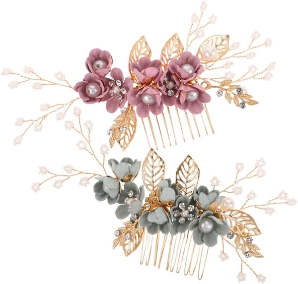 2 stk. bryllupsblomsterkam brudehårtilbehør med perleblomsterdesign