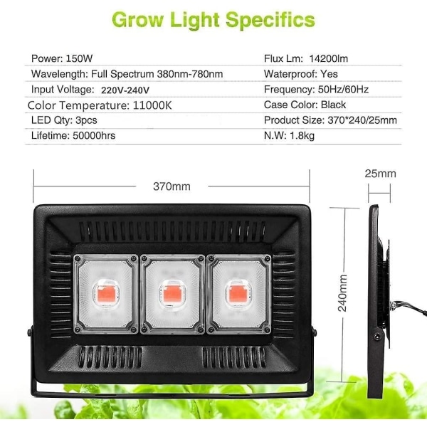 150 W Grow Light, Ip67 vedenpitävä puutarhanhoito LED-valo