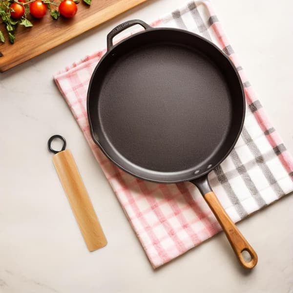 Avtakbart grytehåndtak med ergonomisk design, tre- og jernmateriale