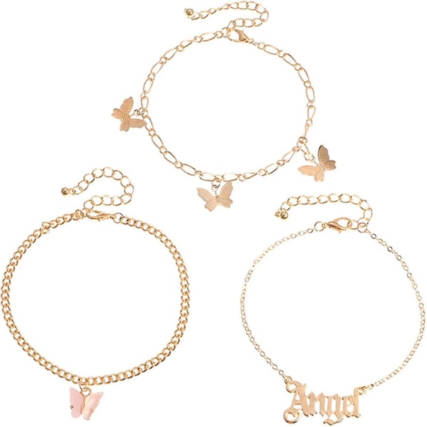 Multilayer Ankle Bracelet, 3pcs Women Butterfly Letter Charm Anklet Beach Foot Chain Ankle Bracelet Jewelry