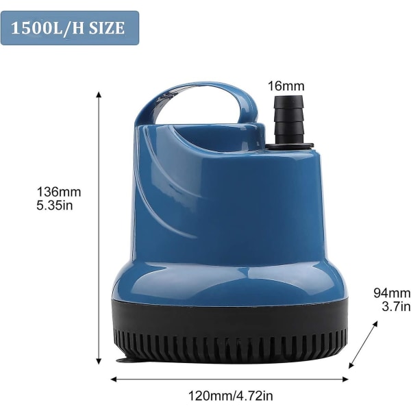 Mini nedsenkbar vannpumpe 1500l/t 20w 230v 1,6m Leveringshøyde 1,8m Kabel til hage