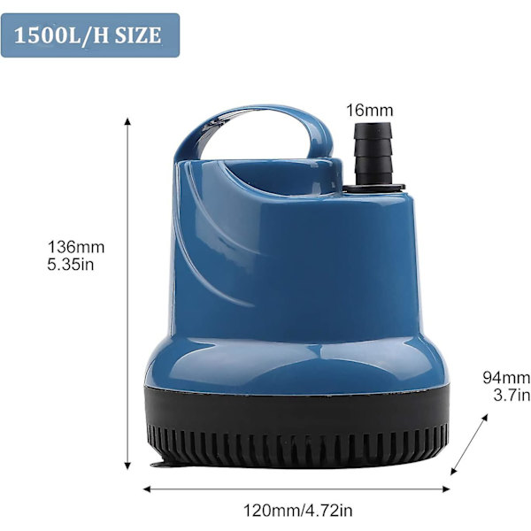 Mini-upotusvesipumppu 1500l/h 20w 230v 1,6m Nostoa 1,8m Kaapeli Puutarhaan
