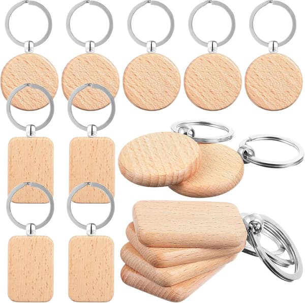 10 st tomma nyckelringar i trä, rektangulära och runda nyckelringsetiketter i trä