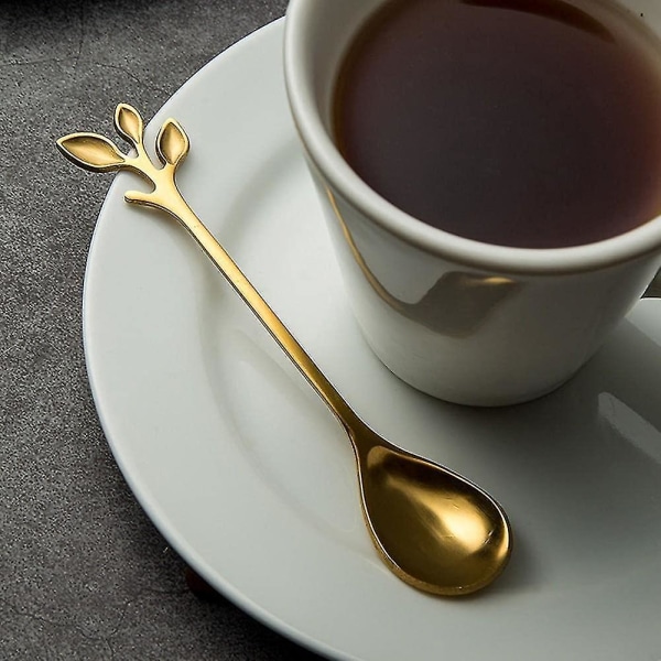 Små kaffeskeer yndig bladguld form mini rustfrit stål espresso skeer til dessert teskeer omrøring blandeske(gylden)(6stk)