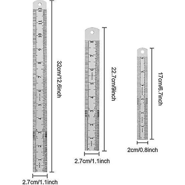 3 stk rustfrie stållinjaler - metrisk og imperialt sett