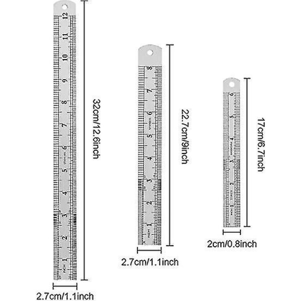 3 stk. Rustfrit Stål Linealer Metric & Imperial Sæt