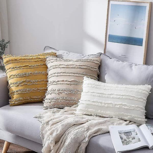 Sæt af 2 Dekorative Boho Pudebetræk Linned Stribet Jacquard Mønster Pudebetræk til Sofa