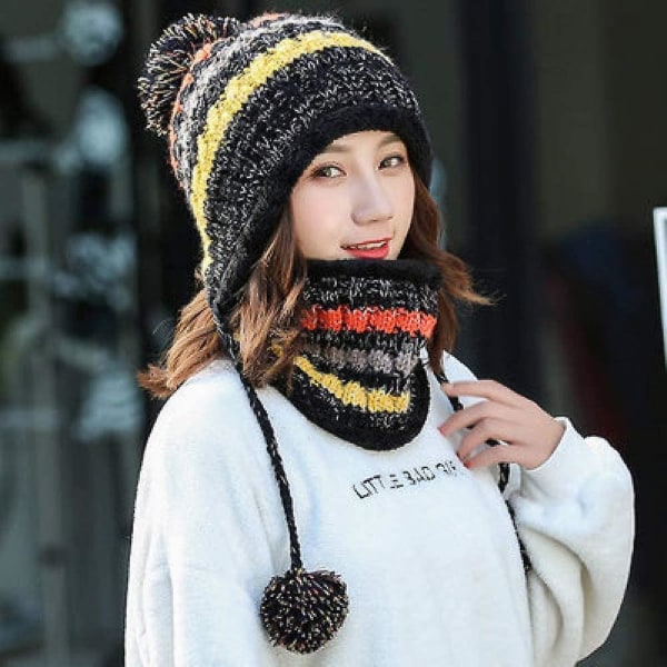 Naisten neulottu hattu huivi sopii lämpimiin ja paksuihin neulerulliin villavuorella black