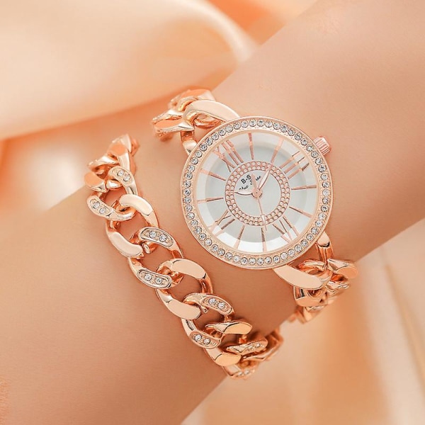 Let luksus dameur romersk urskive Fuld diamant kvartsur Fashion Simple Double Chain Watch Gold