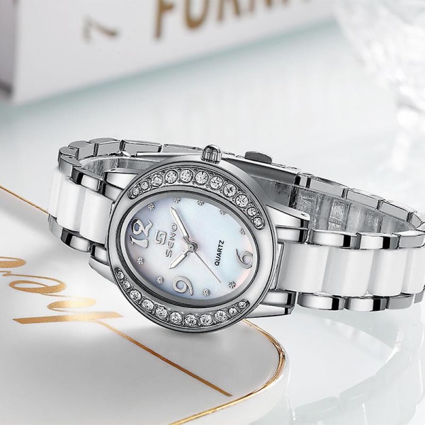 Ny verdig sjenerøs stil mote oval klokke kvinnelig temperament Trend dameklokke med diamanter Silver white plate