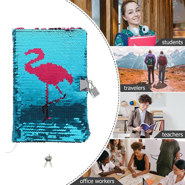 A5 Låsbar Paillet Notesbog med Flamingo Design, Bærbar Studenterjournal og Forretningsnotesblok til Studie