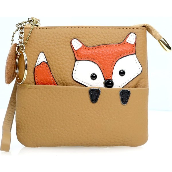 Cute Fox Ultra-thin Small Coin Purse,100% Soft Genuine Leather Change Purse Wallet With Keychain And Zipper For Girls Women