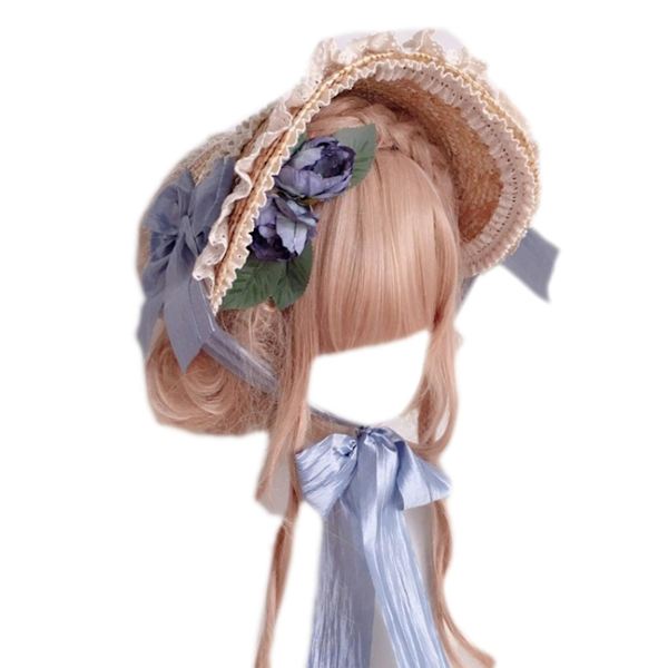 Monivärinen ranskalainen Bonnet-hattu Auringonsuojahuttu Olkihattu Lolita-hattu Naisille ja Tytöille Blue