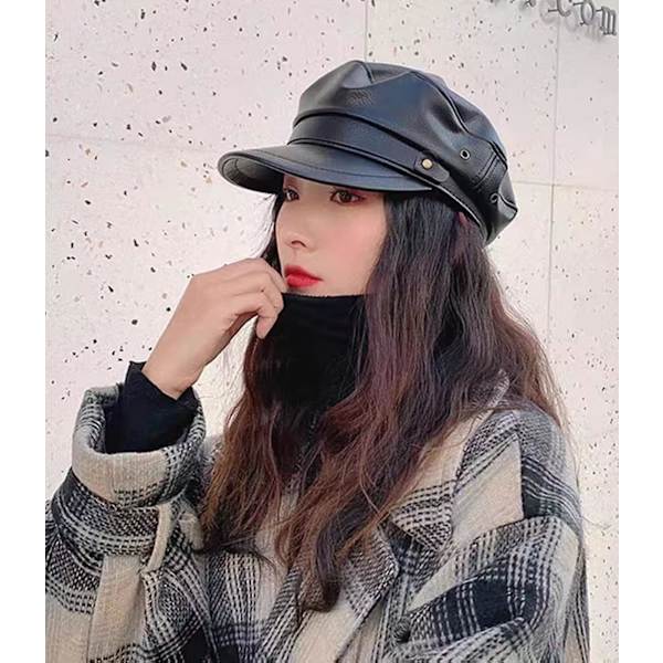 Damhatt Pu Boy Peak Beret Platt Topp Läder Marinblå Hatt Japansk Retro All Match