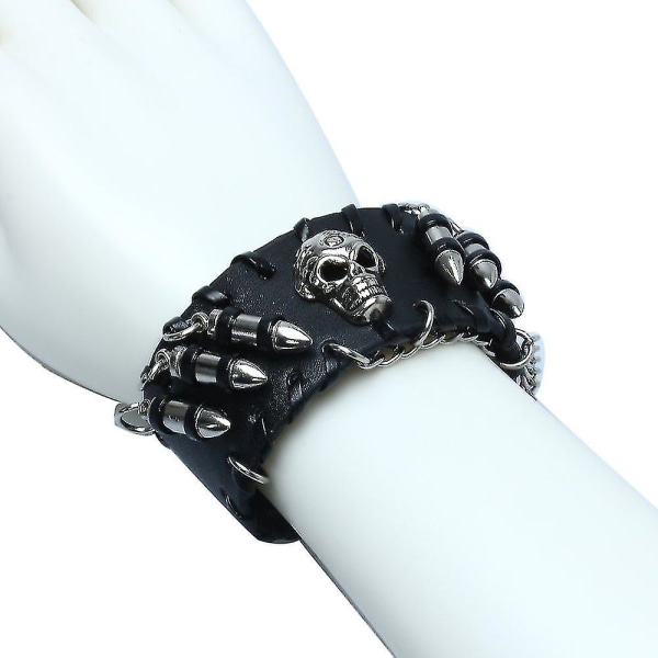 Sort Gothic Pu læder Bullet Skull Armbånd Armbånd til mænd