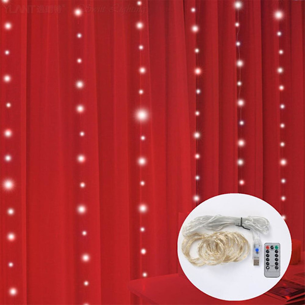 Gardinslynge med 200 LED Lys 3m X 2m Julelys Vandafvisende USB-drevet 8 Tilstande Fjernbetjening Lysstreng Til Soveværelse Vægge Vindue Terrasse Fest Jul Ind Red