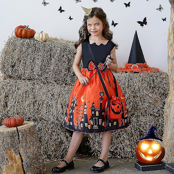 Kostume Sæt Piger Børn Vintage Gothic Ærmeløs Sløjfe Skater Kjole Med Taske Prom Fancy U 8-9 Years