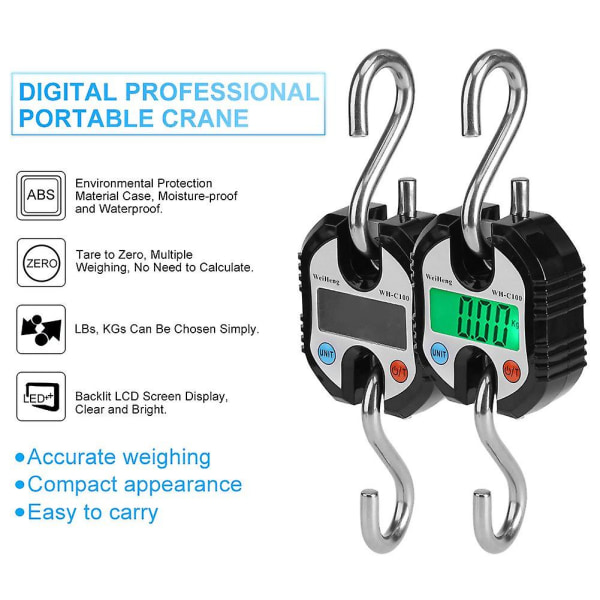 Bagagevåg med 2 krokar i rostfritt stål, digital kran, bärbar LCD-elektronisk hängande våg