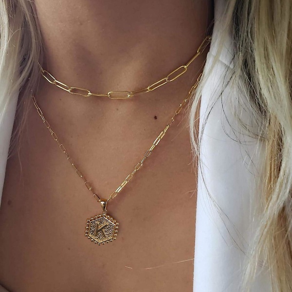 Hienovaraiset kerrostetut kaulakorut naisille, 14k kullattu paperiliitin ketju kaulakoru yksinkertainen söpö kuusikulmainen kirjain riipus choker kaulakoru L