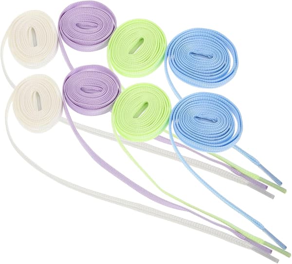 4 par lysende snørebånd, fladt design, slidstærkt polyester PP, assorterede farver