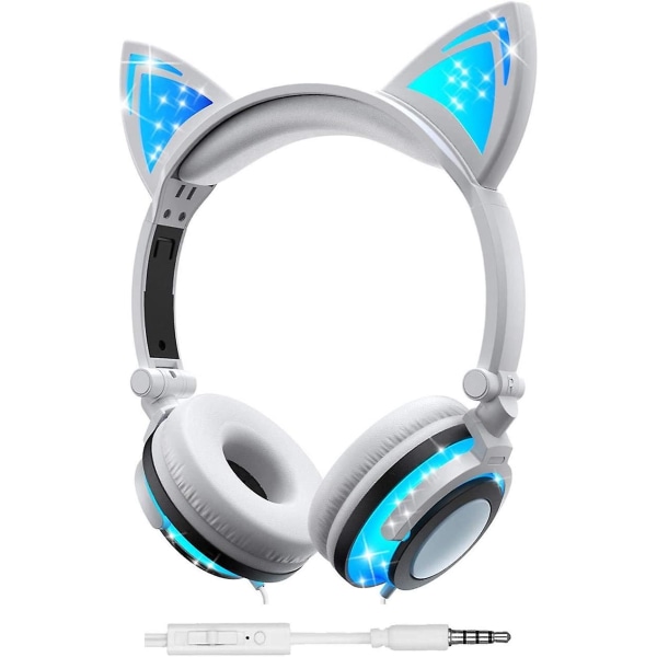 Kissan kuulokkeet tytöille, pojille, vilkkuvat led-kuulokkeet, joissa mikrofoni korvassa, universal langallinen 3,5 mm