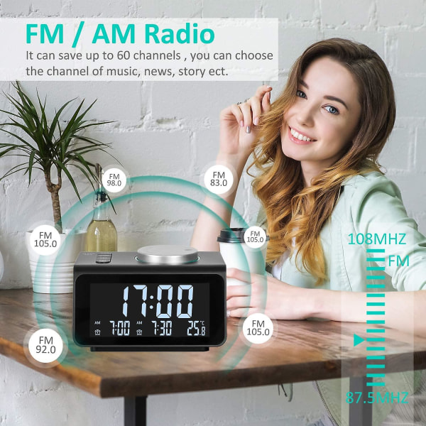 Dobbelt clockradio, digitalt vækkeur med FM-radio, dobbelte usb-porte, 7 alarmlyde, 5 justerbare White